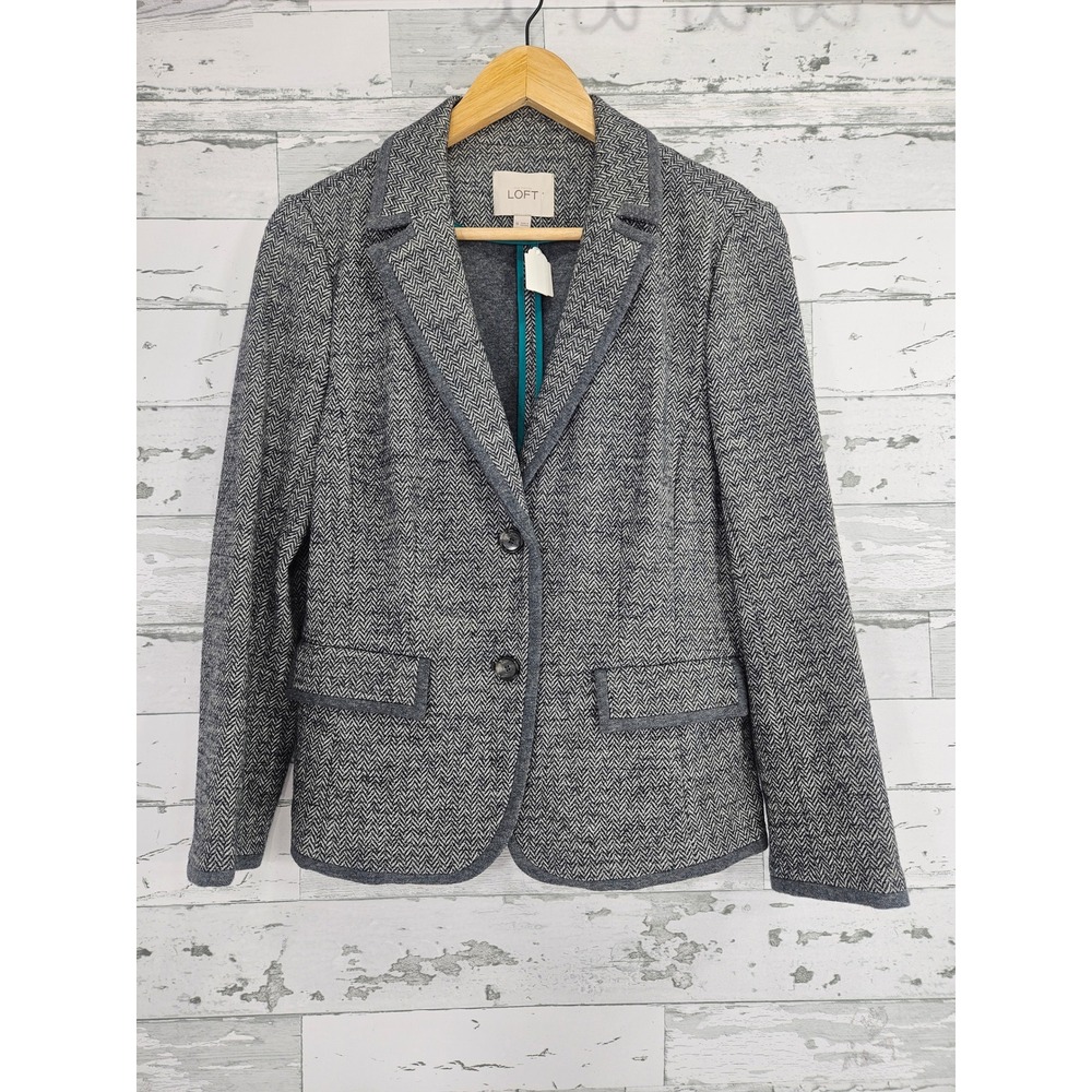Ann Taylor Loft Women Grey Herringbone Knit Blazer Jacket Size M Wool Blend